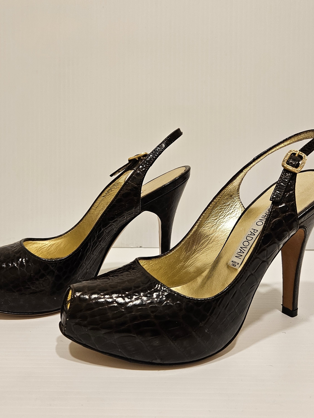 NWOT Luciano Padovan Dark Brown Leather Alligator Peep Toe Heels, 36.5, Sz 6 1/2